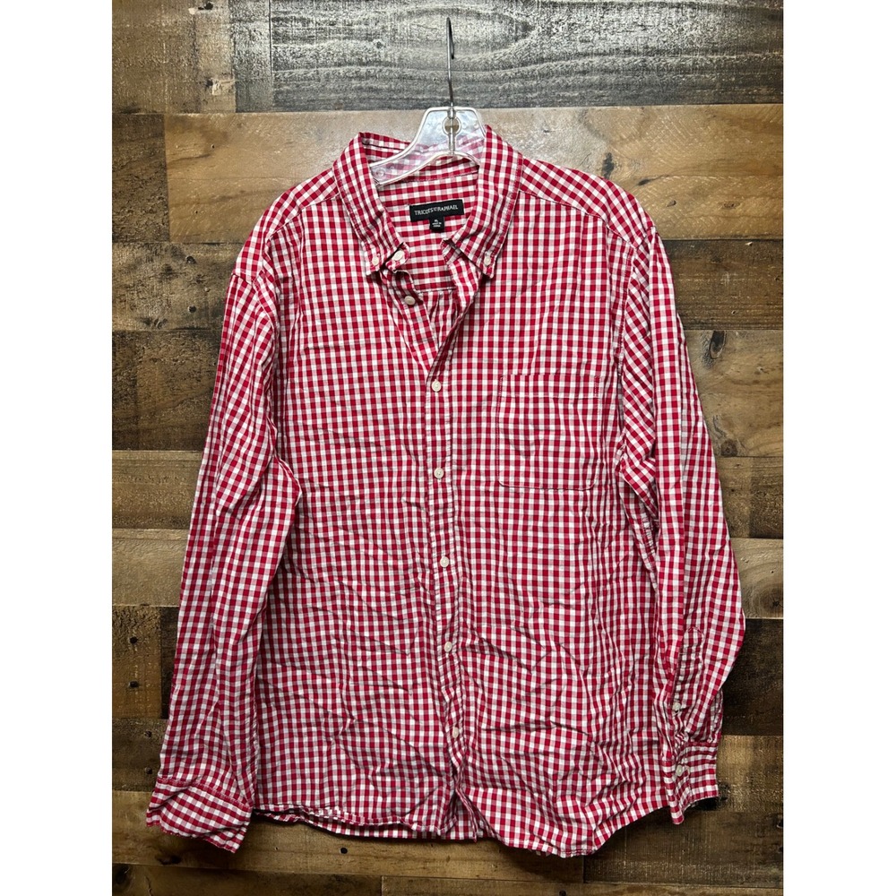 Tricots St Raphael Mens XL Red White Gingham Check Button Down Long Sleeve Shirt